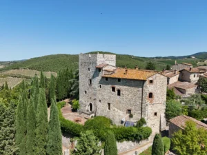 Aerial view of a Tuscan castle estate in Chianti Classico